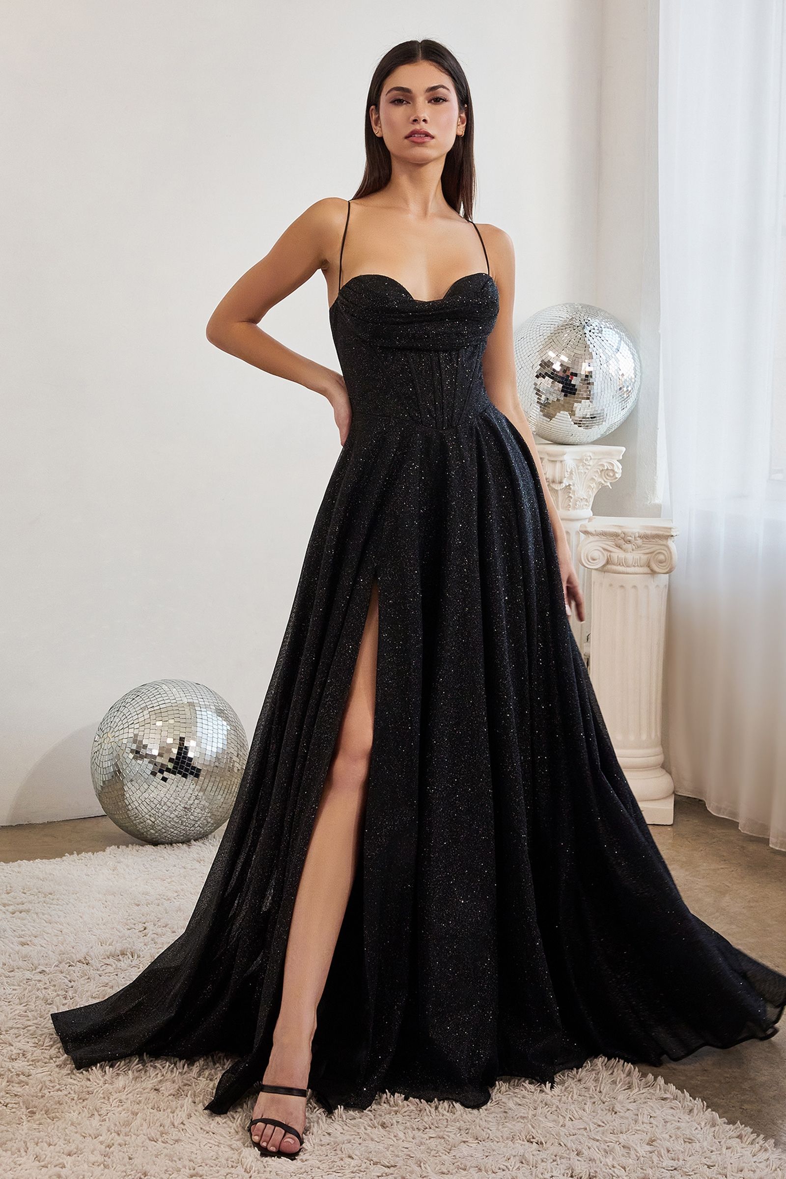 Glitter Off Shoulder High Slit Gown CC2212