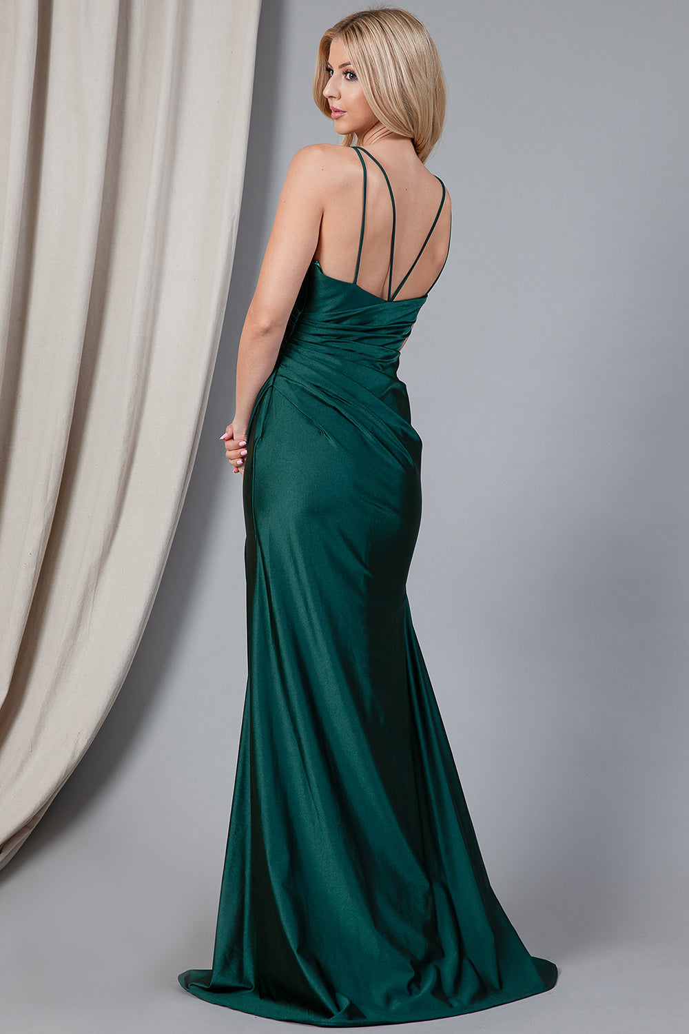 AC24-391 Fitted lycra maxi dress with a high slit, ruching side detail & zipper