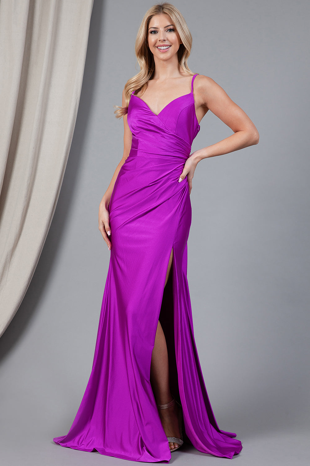 AC24-391 Fitted lycra maxi dress with a high slit, ruching side detail & zipper