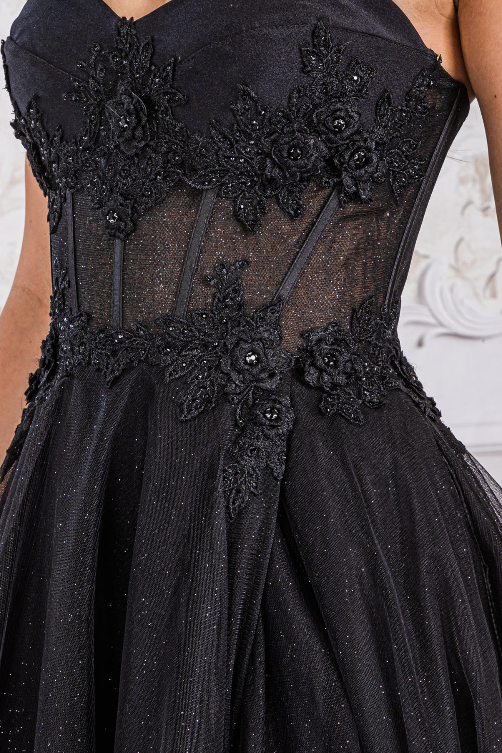 AC24-7042 EMBROIDERED STRAPLESS A_ LINE GOWN  SHEER DETAIL EMBELLISHED BEADED CORSET LEG SLIT