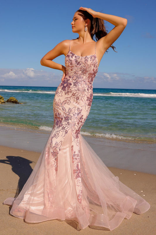 AC24-7038 FLORAL SEQUIN MERMAID GOWN