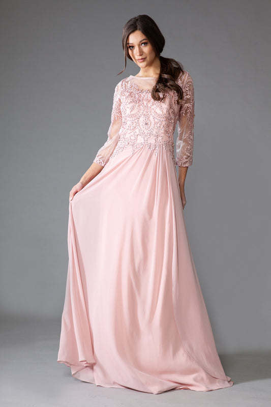 AC24-7043EMBROIDERY STONES 3/4 SLEEVES CHIFFON GOWN