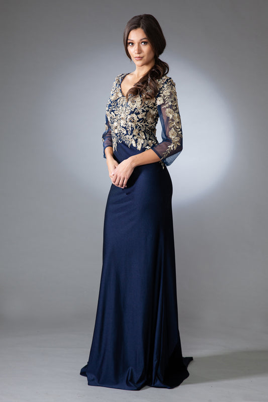 AC24-7039 EMBROIDERY BEADED SATIN 3/4 SLEEVES GOWN