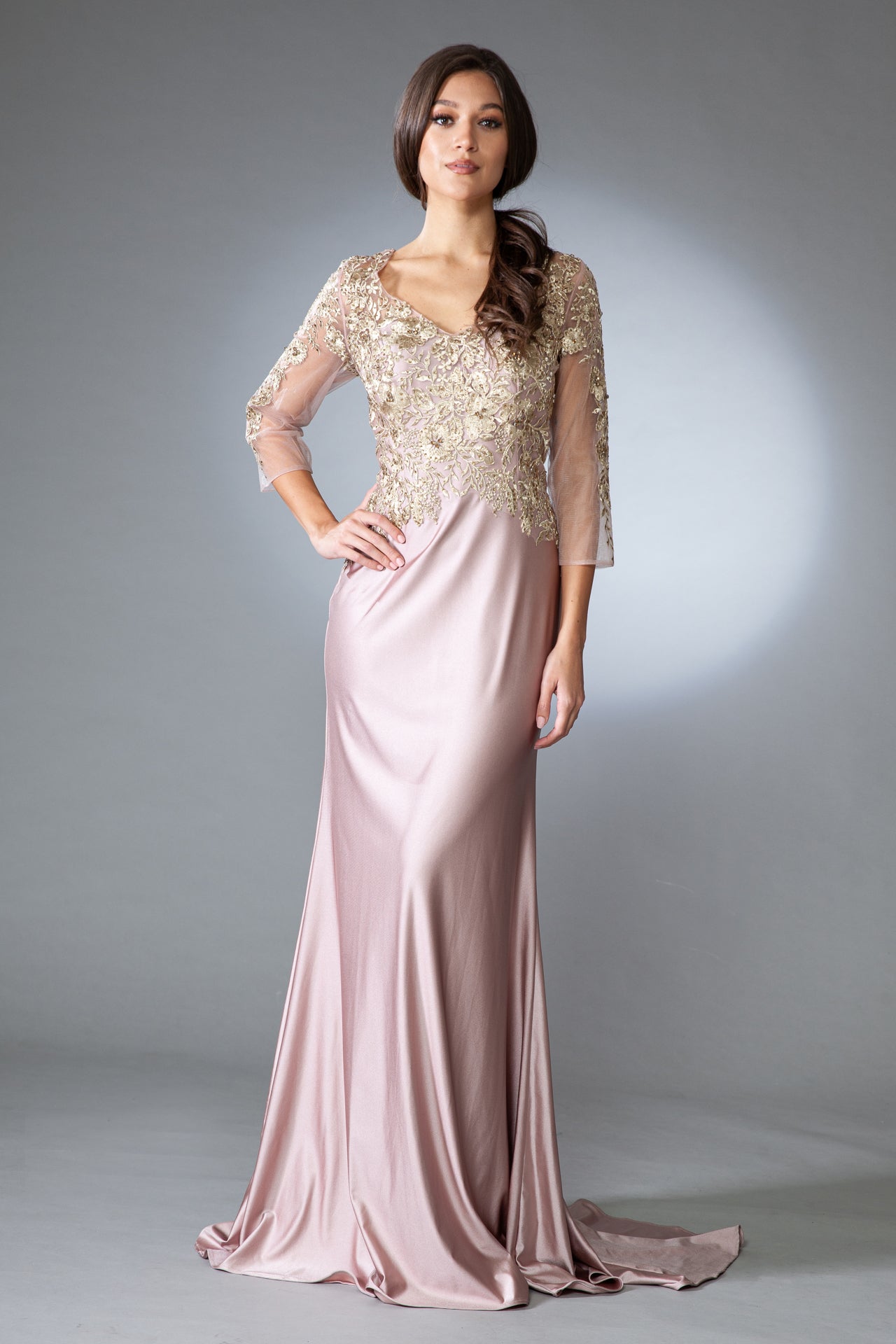 AC24-7039 EMBROIDERY BEADED SATIN 3/4 SLEEVES GOWN