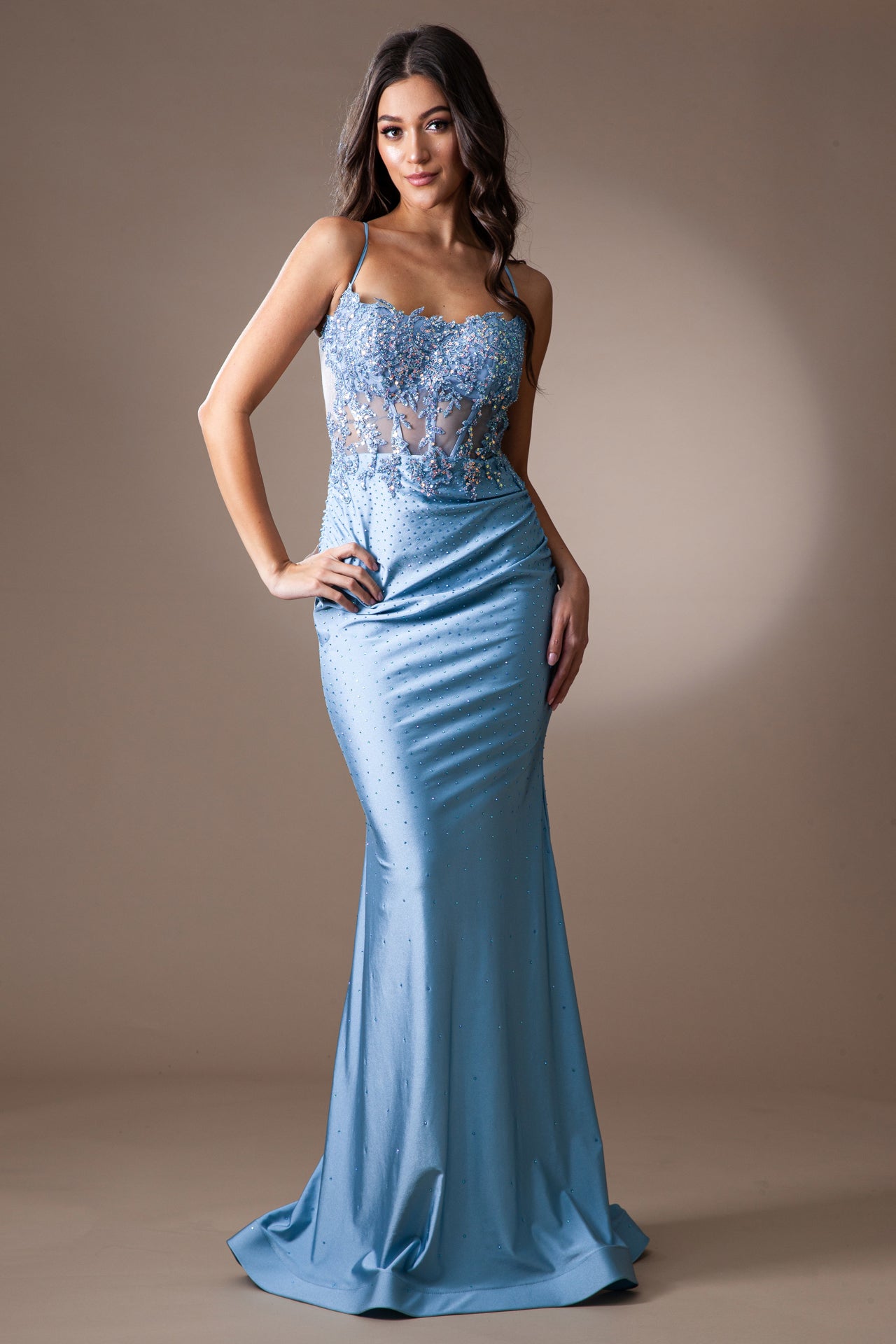 AC24-TM1018 Fitted Hot Stone Gown Scoop Crisscross Straps Detail Beaded Sheer Illusion Boned Bodice Gather at zipper , Open back.