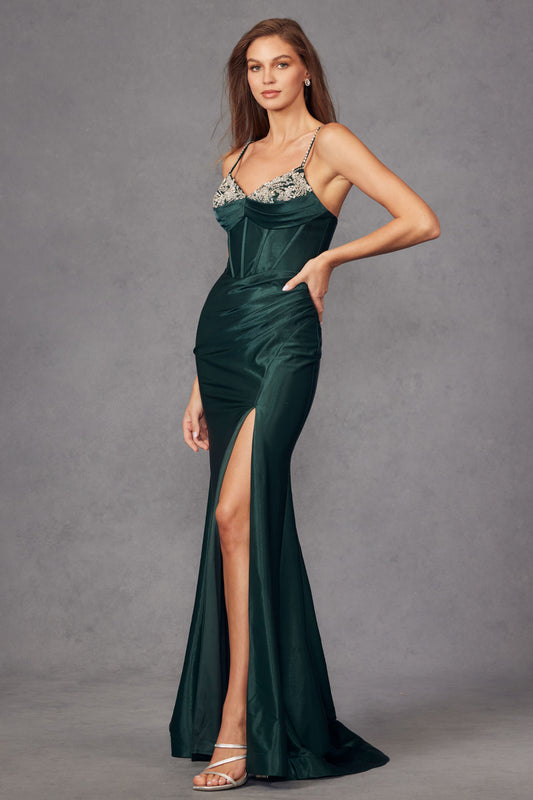 JT24-2434 Fitted Silky Stretch Satin With Rhinestone Embellished Neckline  Ruched Skirt, And Slit Prom Gown.