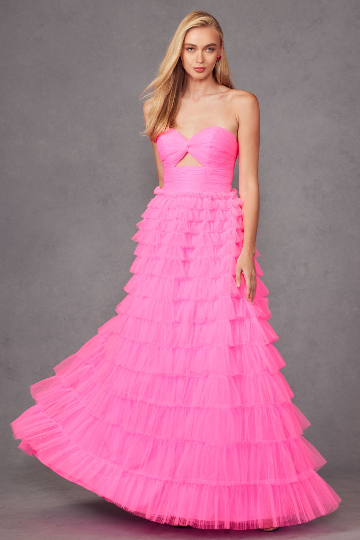 JT24-2456H Tiers Layers Ruffles Strapless Ball Gown With Keyholes Front Lace Up Zipper Closure