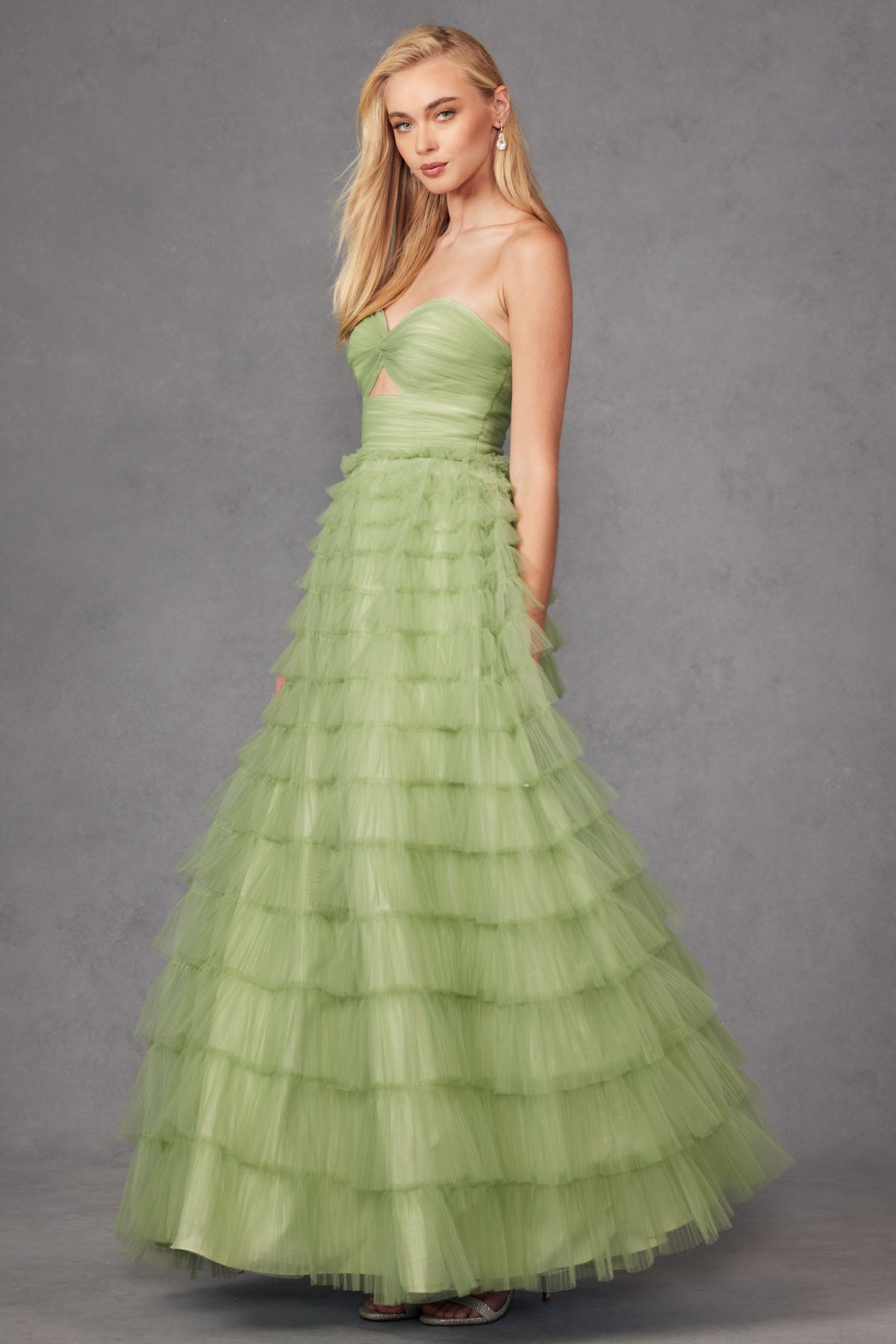 JT24-2456H Tiers Layers Ruffles Strapless Ball Gown With Keyholes Front Lace Up Zipper Closure