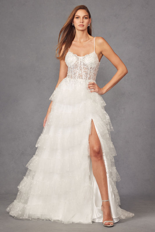 JT24-2464AW Lace Corset Beaded Gown With Sparkle Glitter Fabric Ruffle Skirt Slit And Satin Bow Belt Bridal Gown