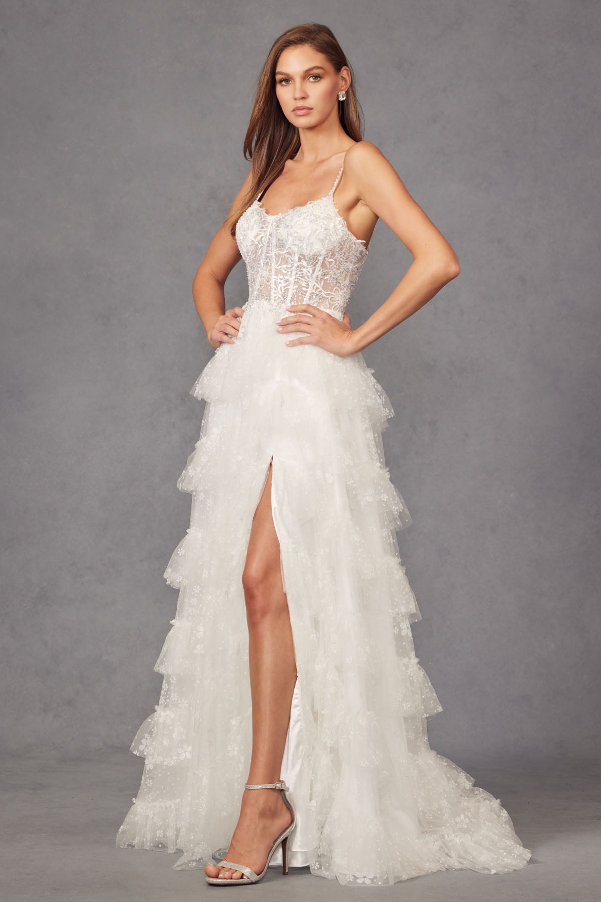 JT24-2464AW Lace Corset Beaded Gown With Sparkle Glitter Fabric Ruffle –  THE DRESS SHOP