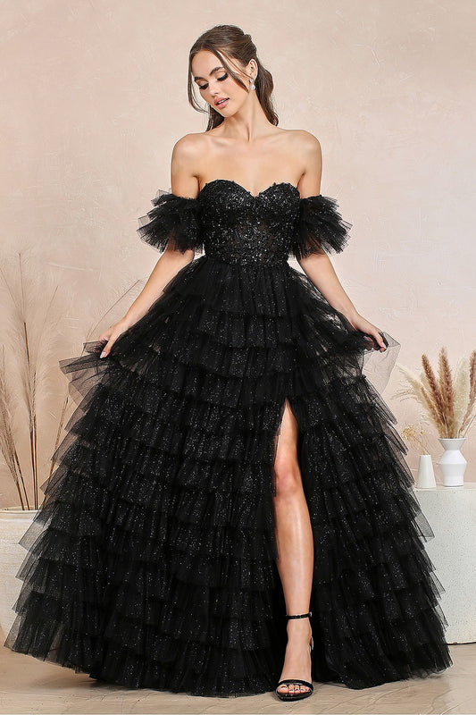 AD24-3215 TULLE TIERS LAYERS RUFFLES BEADED GOWN REMOVEABLE PUFFY SLEEVES