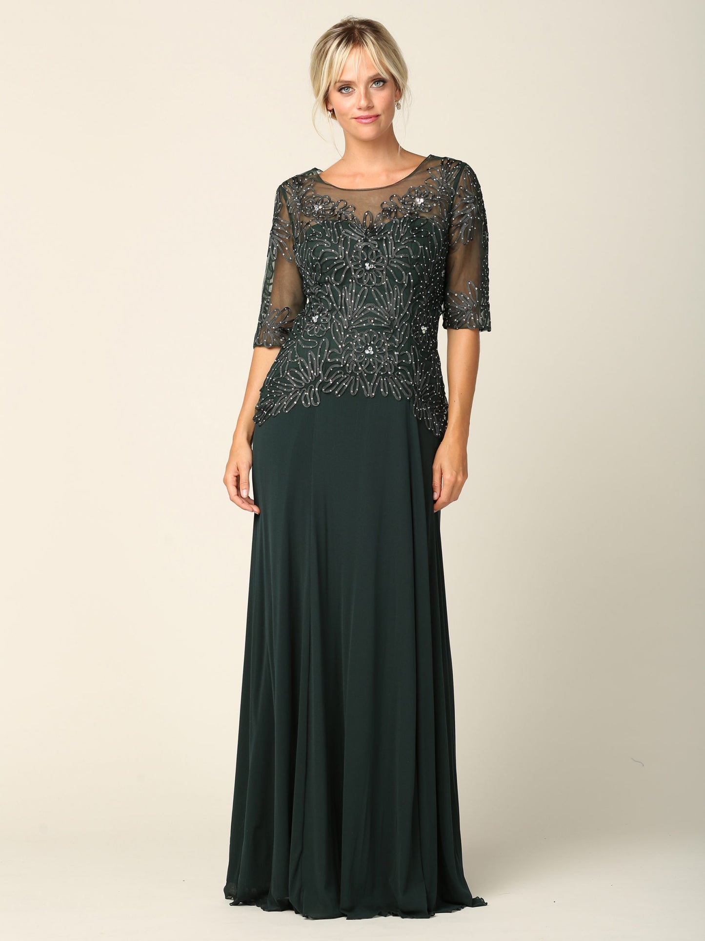 EA24-5222 Mama Half Sleeve Embroidered Gown in Stretch Power Mesh