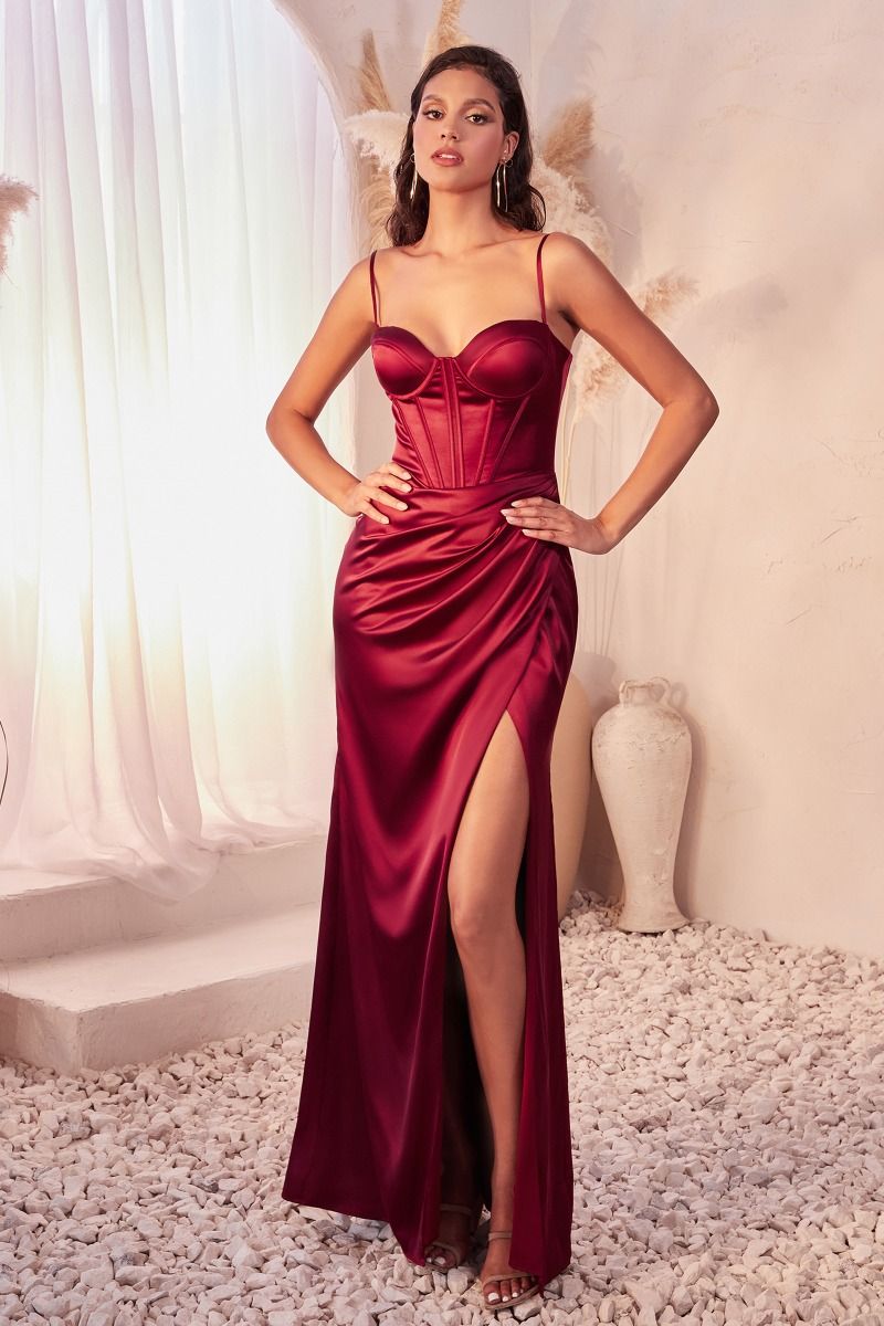 CD24-7495 FITTED SATIN BUSTIER DRAPED GOWN