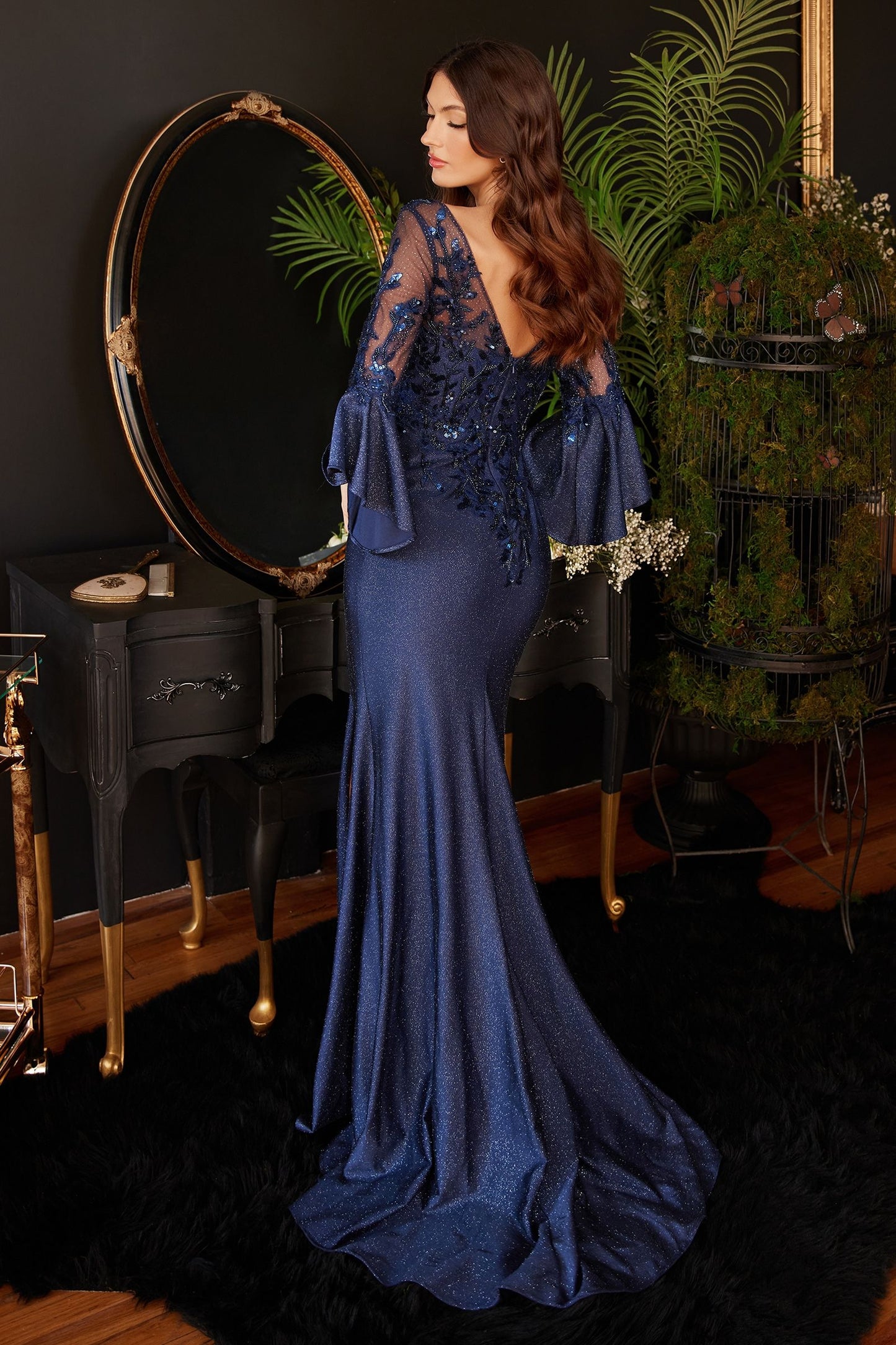 CD24-9247 LONG BELL SLEEVE LACE & SATIN GOWN