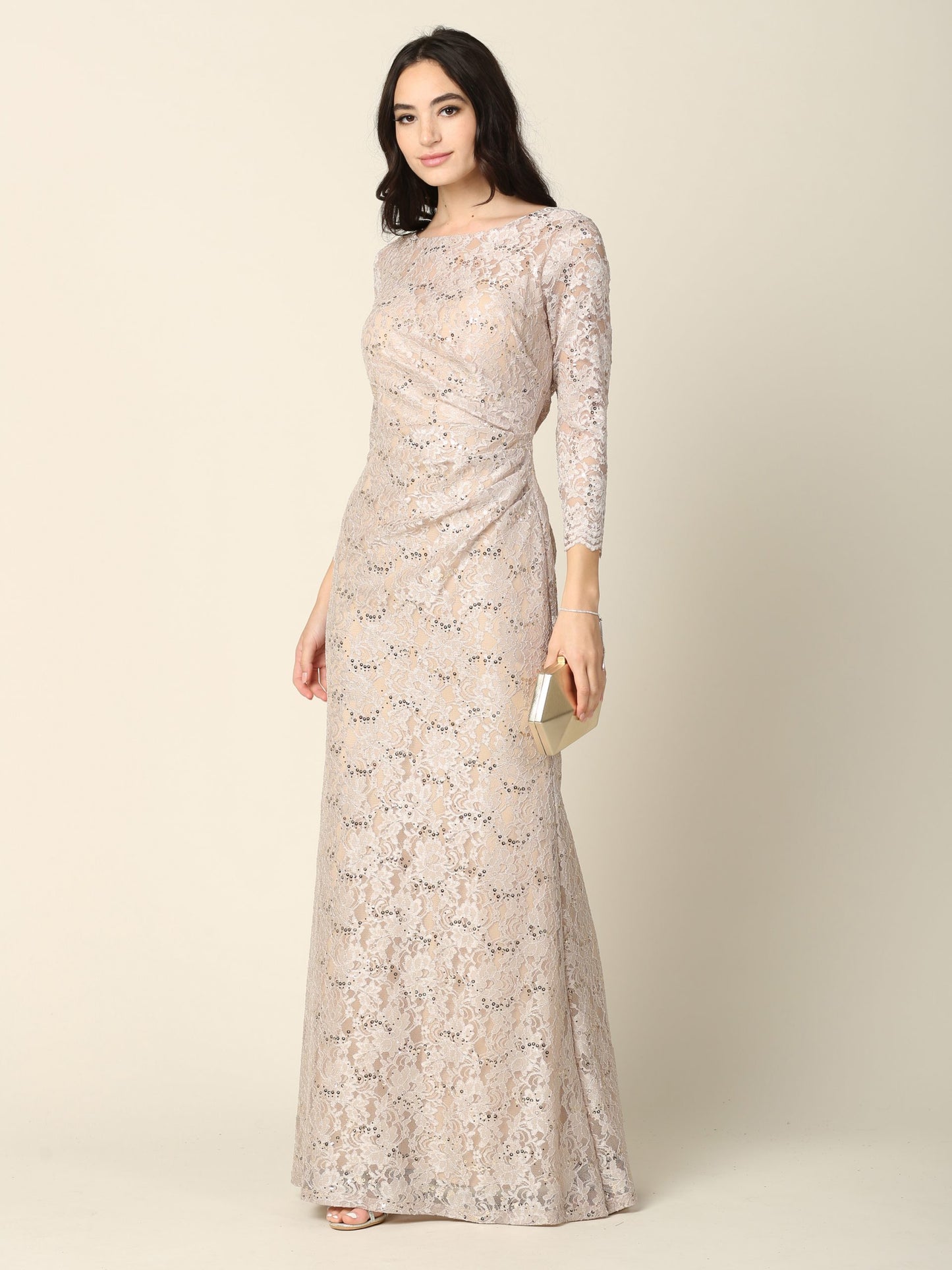 EA24-3397 SHEATH 3/4 SLEEVE LACE DRESS WITH RUCHING DETAILS