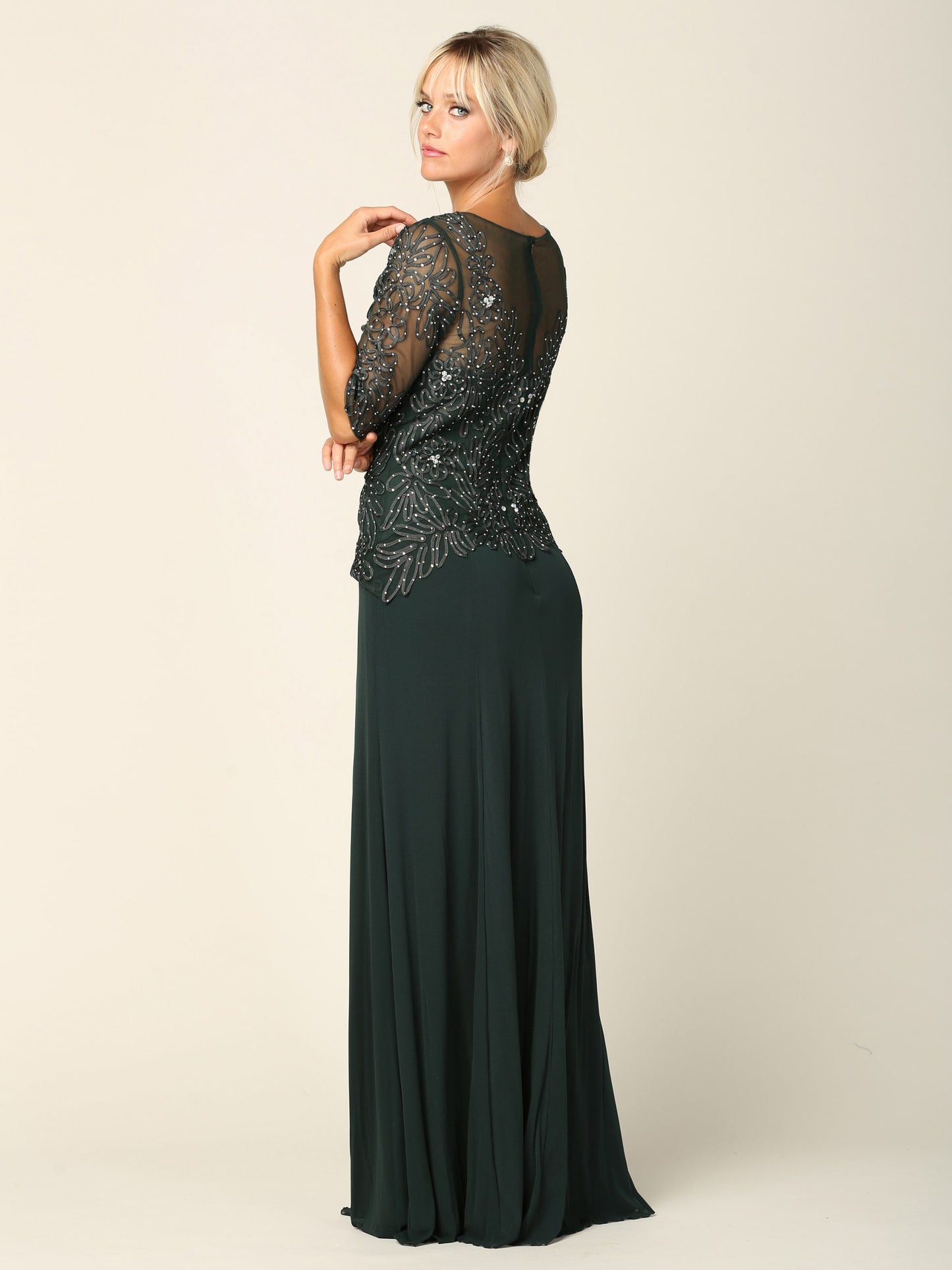 EA24-5222 Mama Half Sleeve Embroidered Gown in Stretch Power Mesh