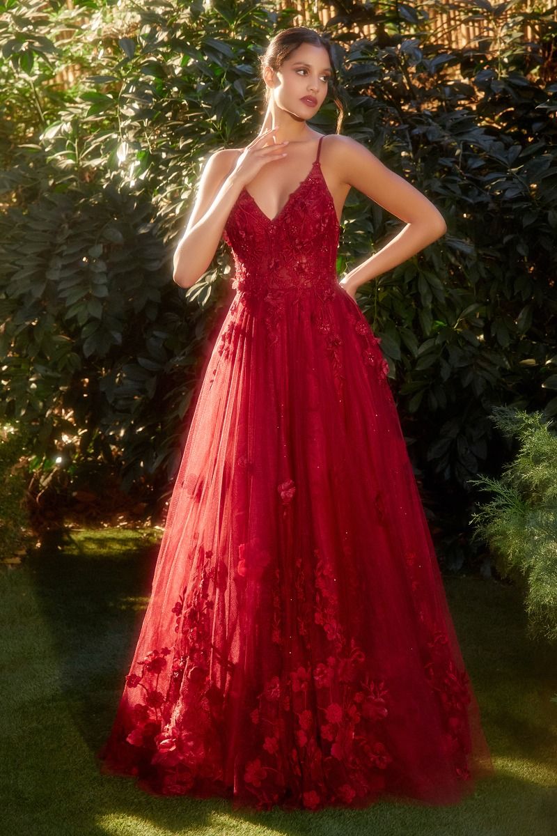 CD24-A1326 TULLE A-LINE FLORAL APPLIQUED GOWN