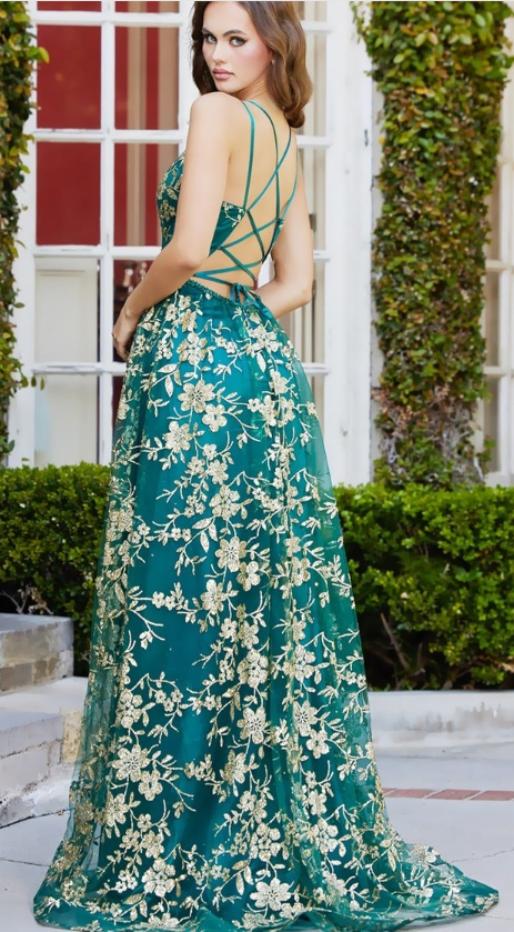 AD24-3137 Floral Glitter A-Line Gown Straps Crisscross Lace Up Back Detail Beaded At Waist Line Leg Slit Zipper Closure