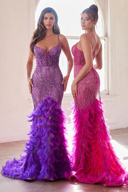 CD24-CC2308 FULLY EMBELLISHED & FEATHERED MERMAID GOWN