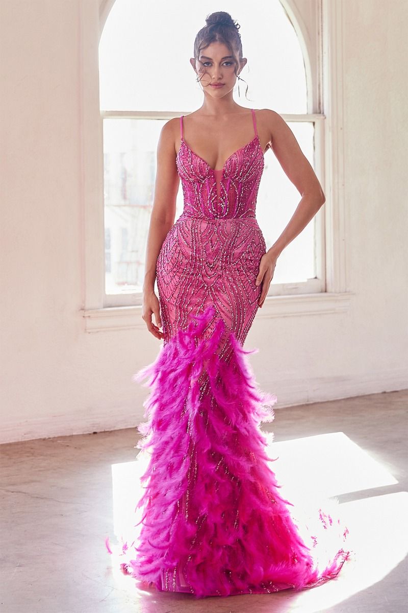 CD24-CC2308 FULLY EMBELLISHED & FEATHERED MERMAID GOWN