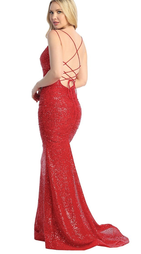 LT24-7796L Sequin Fitted Gown Double Straps Crisscross Back