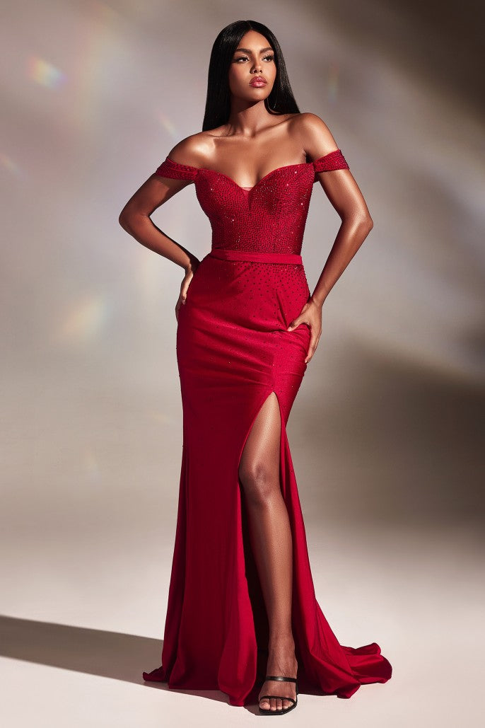 CIND-CA106 OFF THE SHOULDER HOT STONE FITTED GOWN