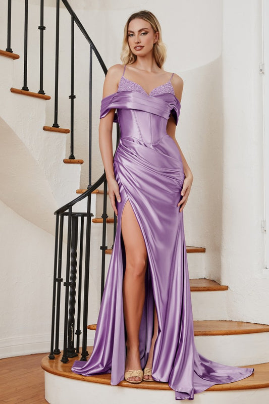 CIND-CC2197 FITTED SOFT SATIN BUSTIER GOWN