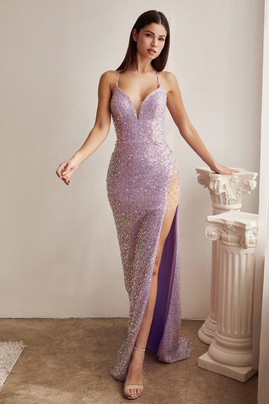 CIND-CD258 IRIDESCENT FITTED SEQUIN HIGH LIT CORSET BACK GOWN