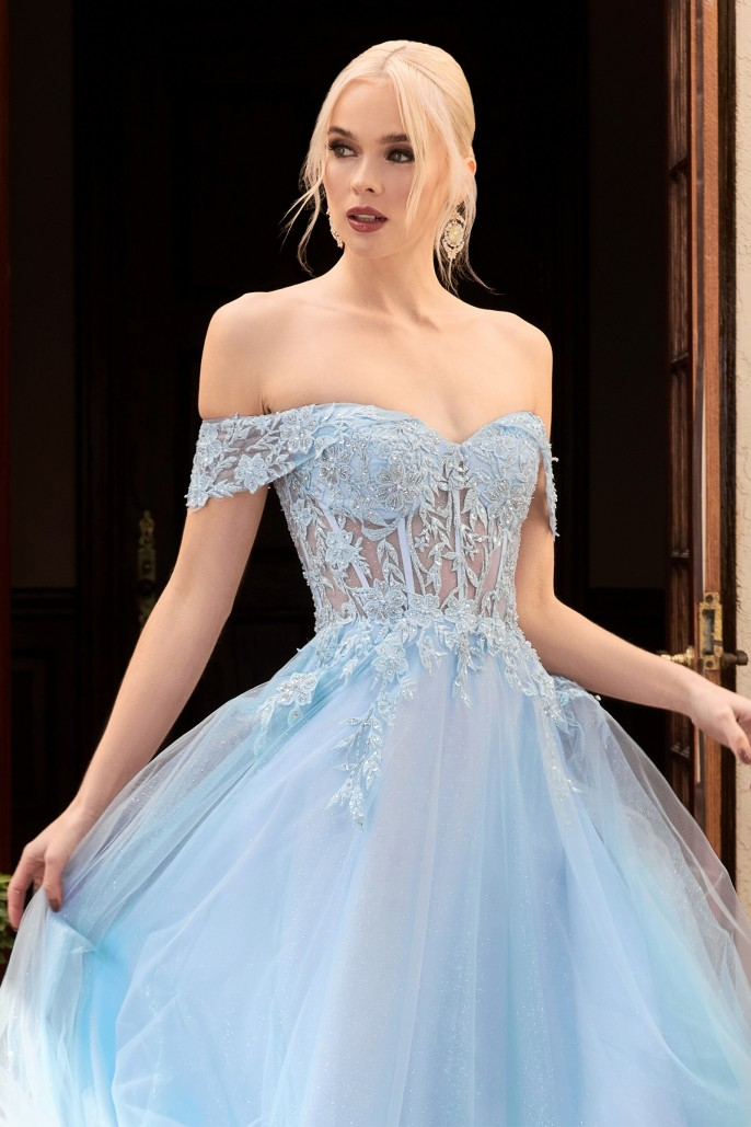 CIND-CD961 LACE OFF THE SHOULDER A-LINE TULLE DRESS SHEER BODICE CORSET LACE UP BACK