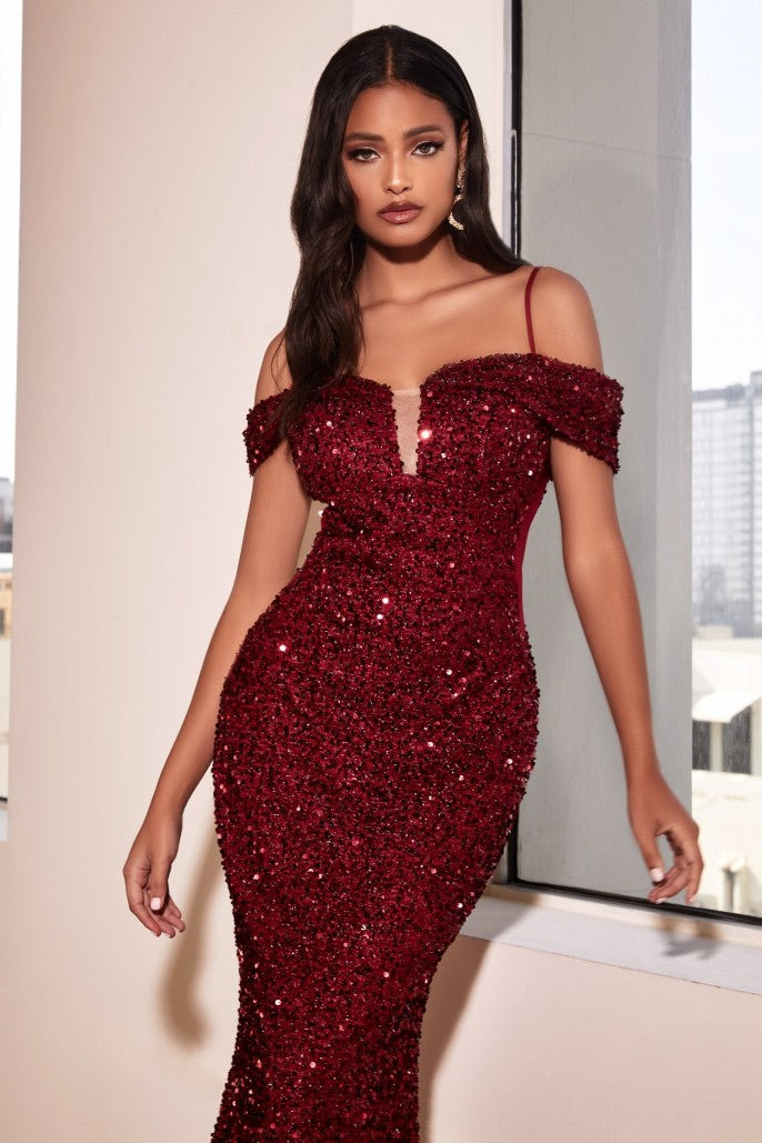 CIND-CD975 TWINKLING SEQUIN WITH CUT OUT SHEER SIDES MERMAID TRAIN GOWN