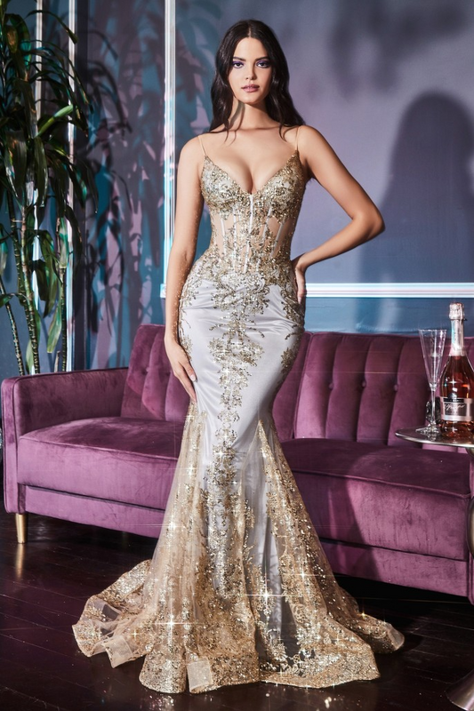 CD24-J810 FITTED FLORAL GLITTER PRINT CORSET GOWN