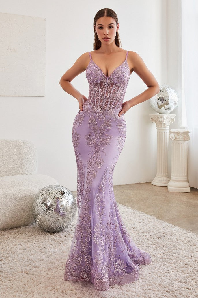 CD24-J810 FITTED FLORAL GLITTER PRINT CORSET GOWN
